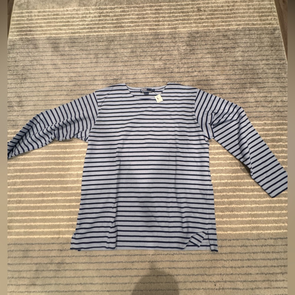 Ralph Lauren Light Blue and Navy Striped Long Sleeve Tee